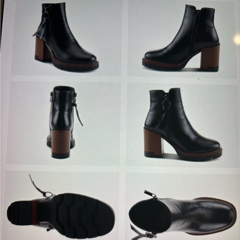 Women's Black Leather Block Heel Ankle Booties with Brown Wood-Effect Heel